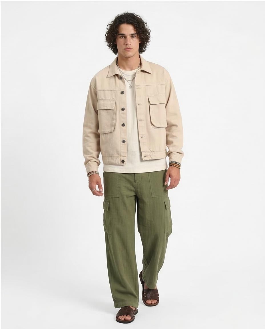 Stone Utility Trucker Jacket with Dual Chest Pockets - R207959
