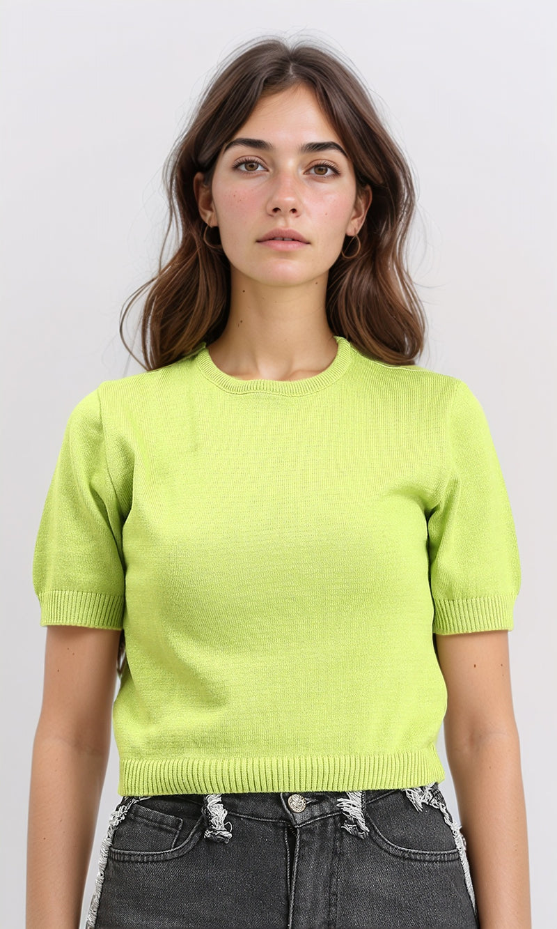 R207979 - Ribbed Crew Neck Solid Short Pullover - Neon Green