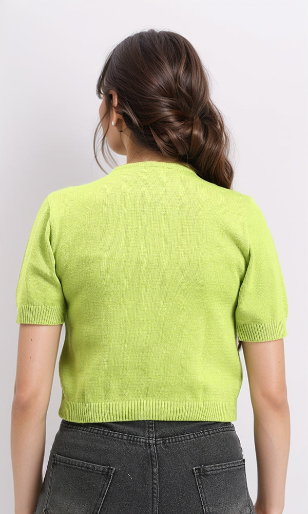 R207979 - Ribbed Crew Neck Solid Short Pullover - Neon Green