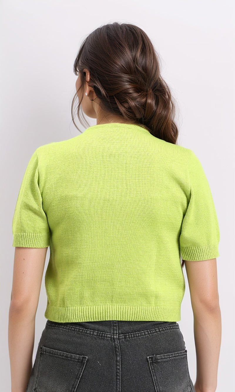 R207979 - Ribbed Crew Neck Solid Short Pullover - Neon Green