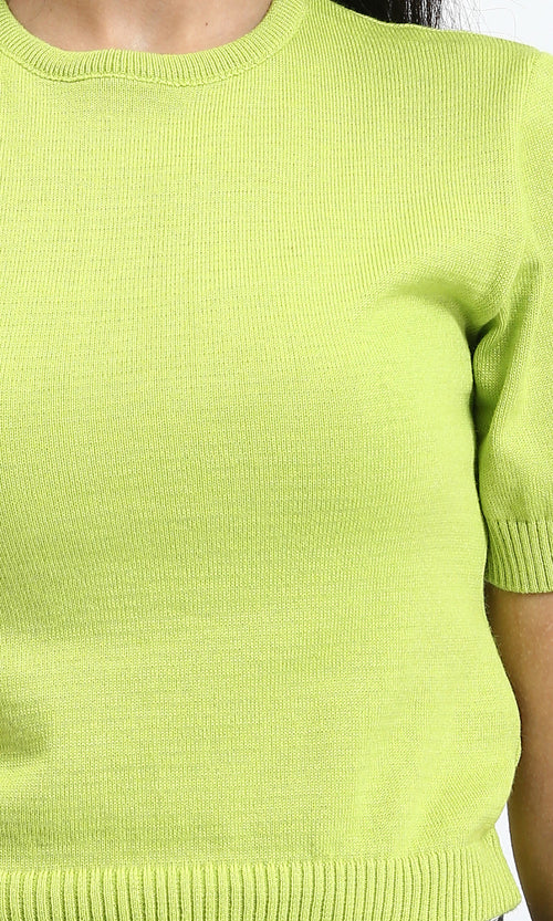 R207979 - Ribbed Crew Neck Solid Short Pullover - Neon Green