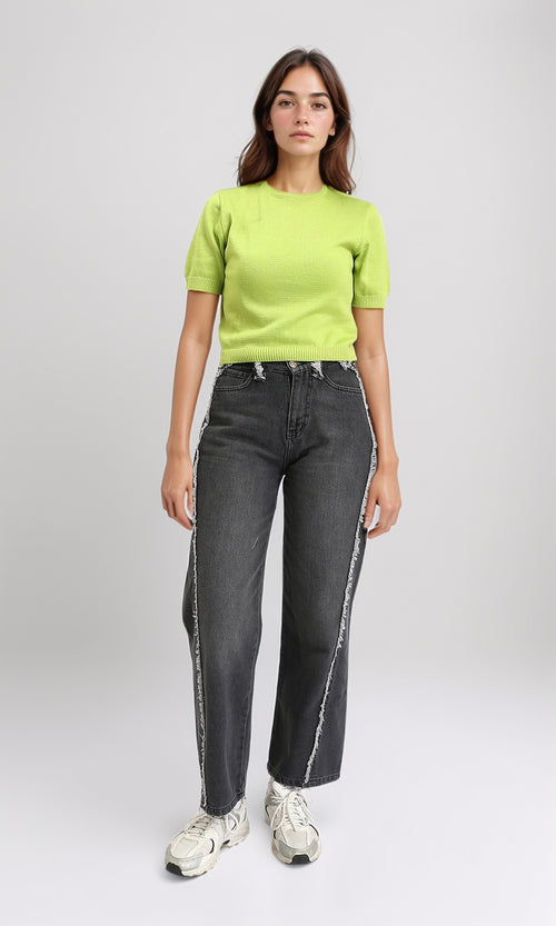 R207979 - Ribbed Crew Neck Solid Short Pullover - Neon Green