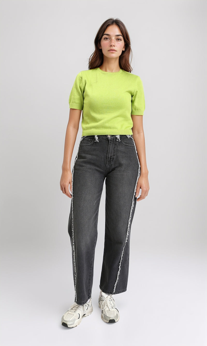 R207979 - Ribbed Crew Neck Solid Short Pullover - Neon Green