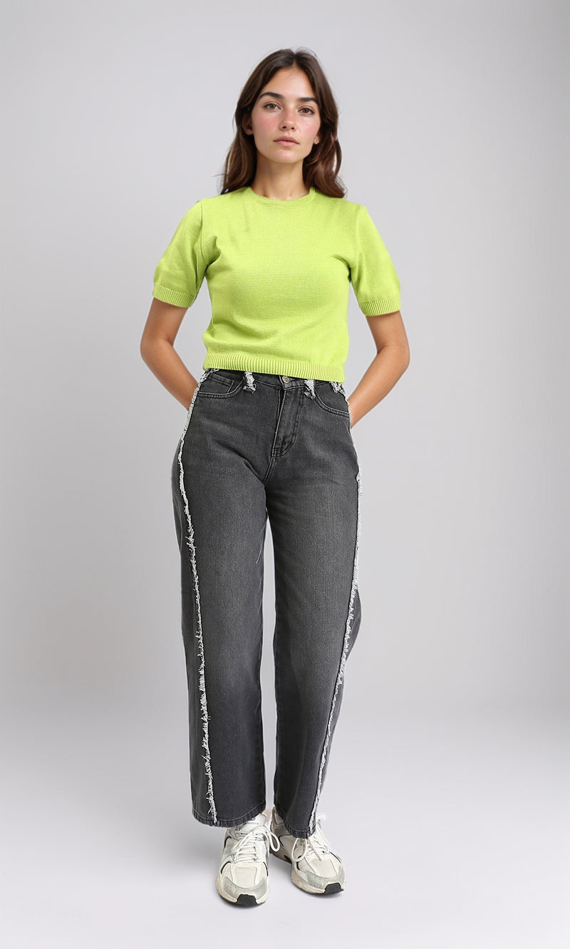 R207979 - Ribbed Crew Neck Solid Short Pullover - Neon Green