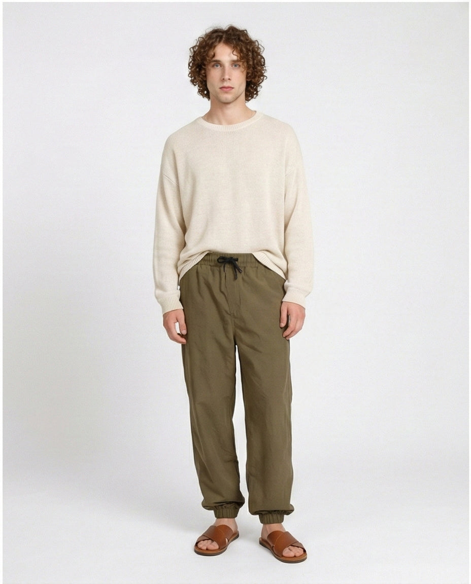 Olive Drawstring Elastic-Cuff Utility Joggers