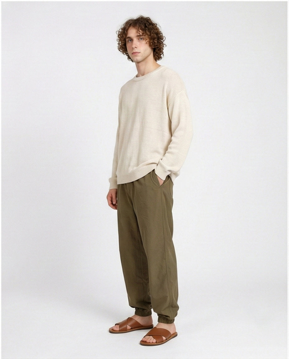 Olive Drawstring Elastic-Cuff Utility Joggers