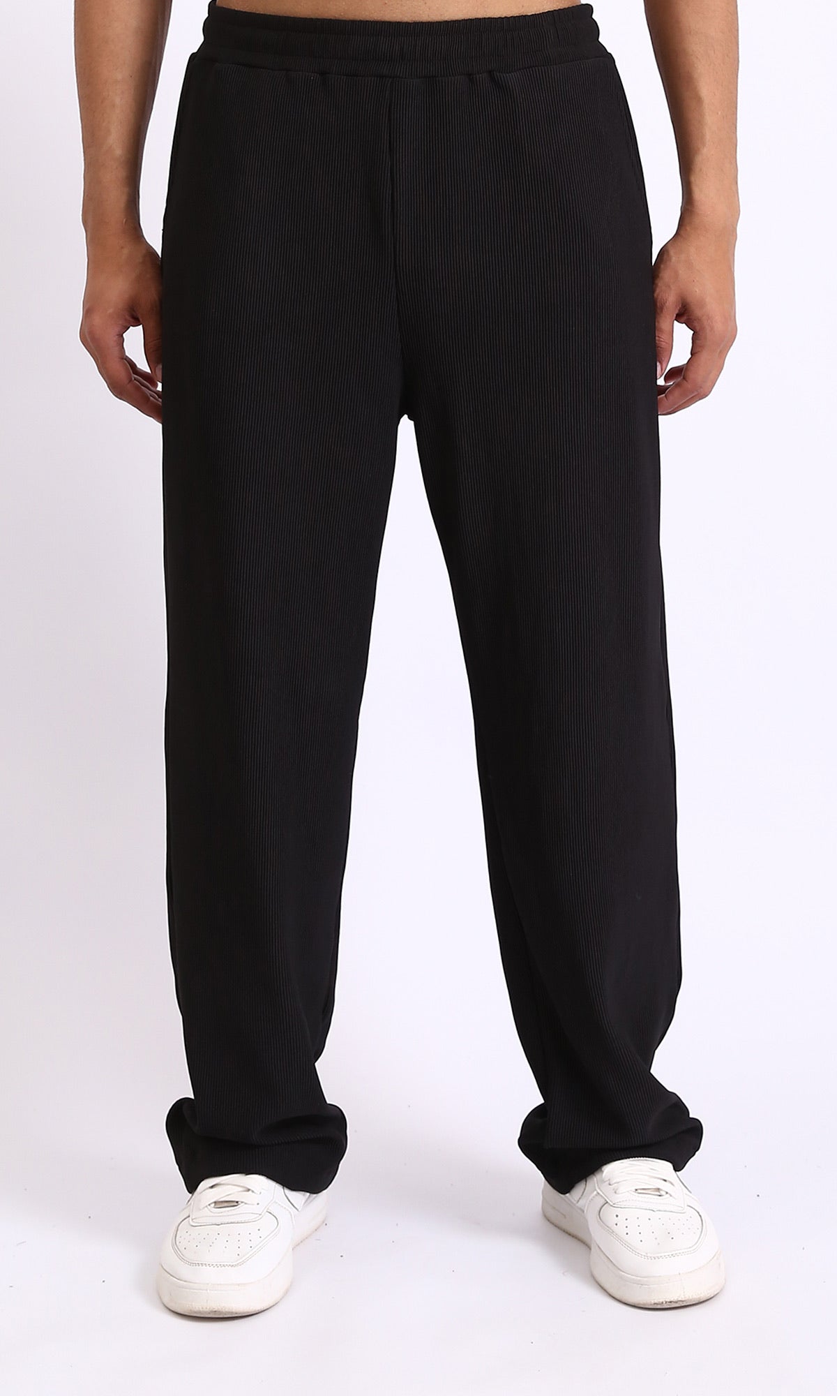 Elastic Waist Comfy Ribbed Pants - Black
