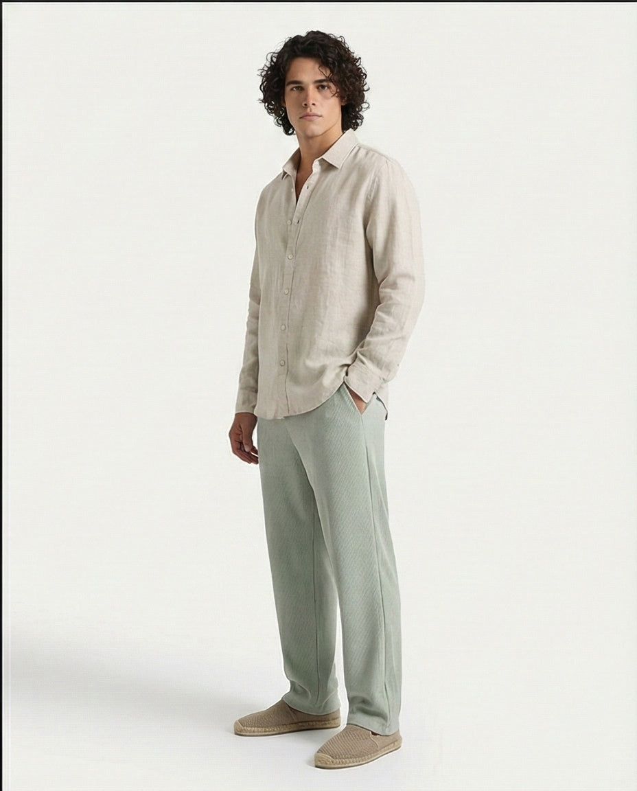 Ravin Men's Sage Green Textured Elastic Waist Trousers