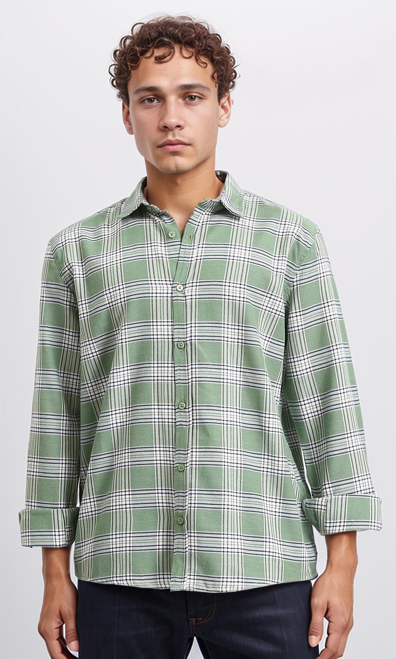 R208099 - Plaids Long Sleeves Cotton Shirt - Light Green & White