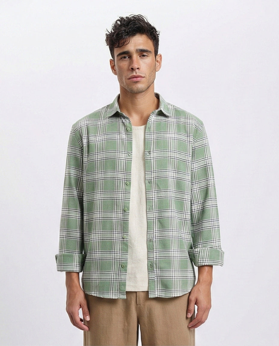 Plaids Long Sleeves Cotton Shirt - Light Green & White