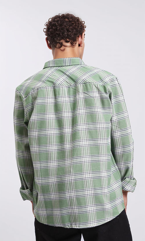 R208099 - Plaids Long Sleeves Cotton Shirt - Light Green & White