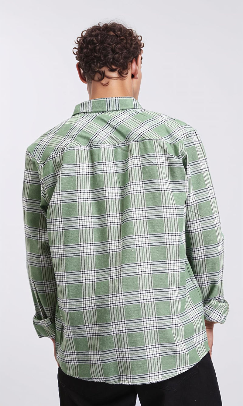 R208099 - Plaids Long Sleeves Cotton Shirt - Light Green & White