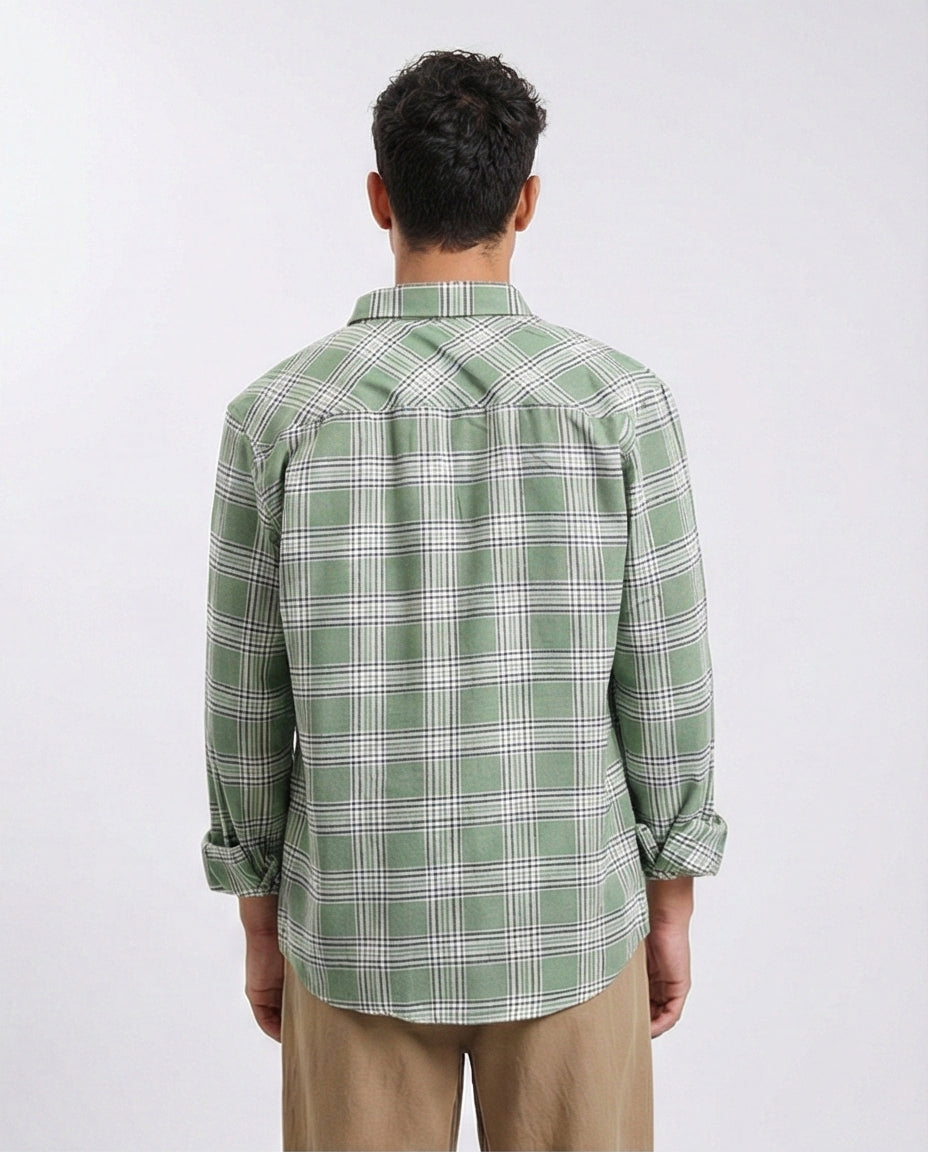 R208099 - Plaids Long Sleeves Cotton Shirt - Light Green & White