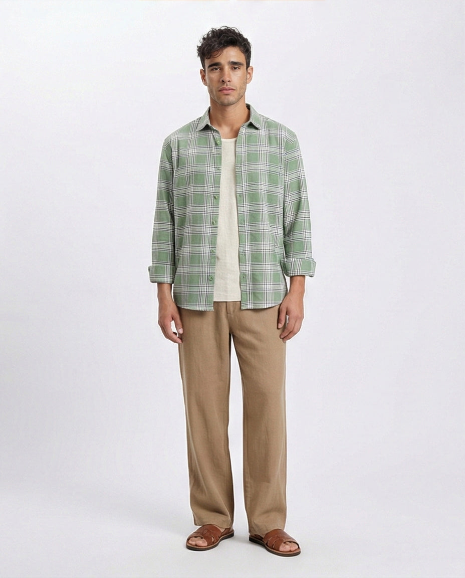 R208099 - Plaids Long Sleeves Cotton Shirt - Light Green & White