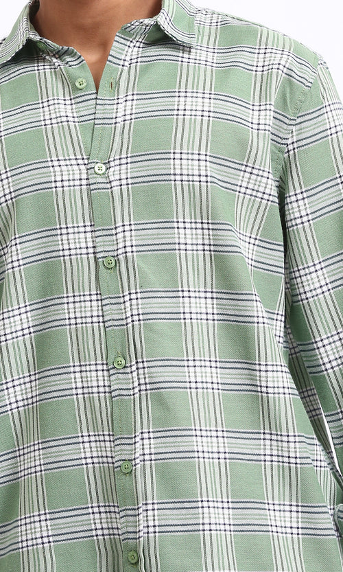 R208099 - Plaids Long Sleeves Cotton Shirt - Light Green & White
