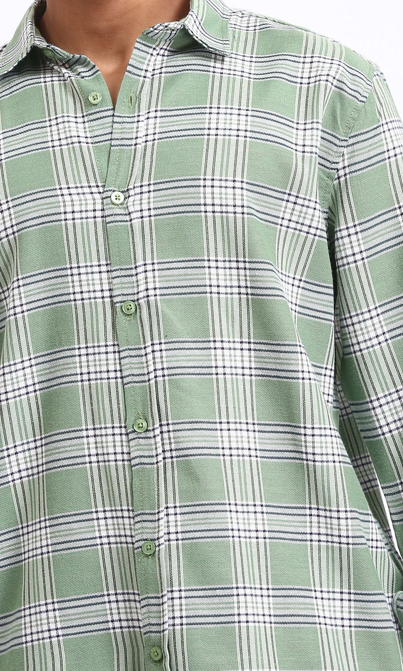 R208099 - Plaids Long Sleeves Cotton Shirt - Light Green & White