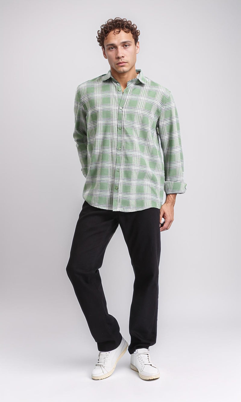 R208099 - Plaids Long Sleeves Cotton Shirt - Light Green & White