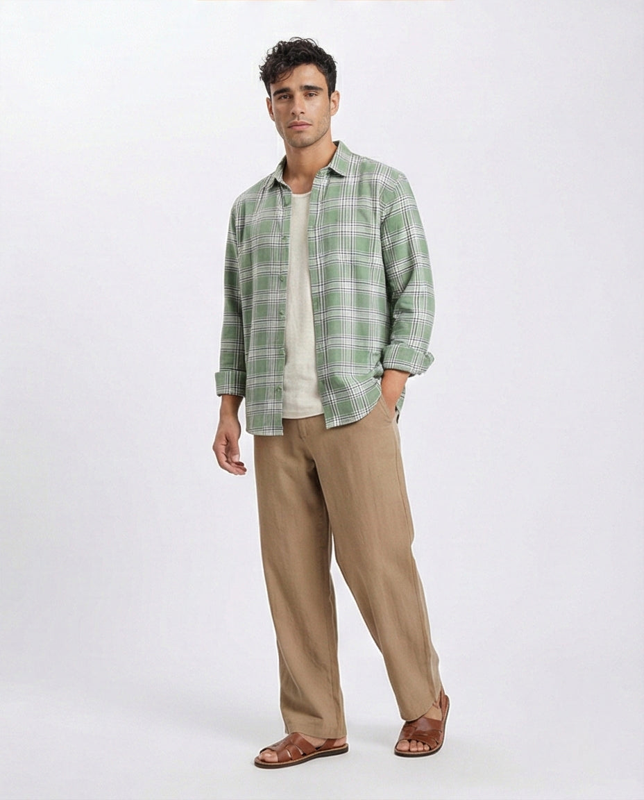 R208099 - Plaids Long Sleeves Cotton Shirt - Light Green & White