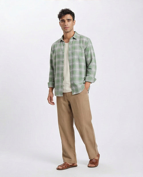 R208099 - Plaids Long Sleeves Cotton Shirt - Light Green & White