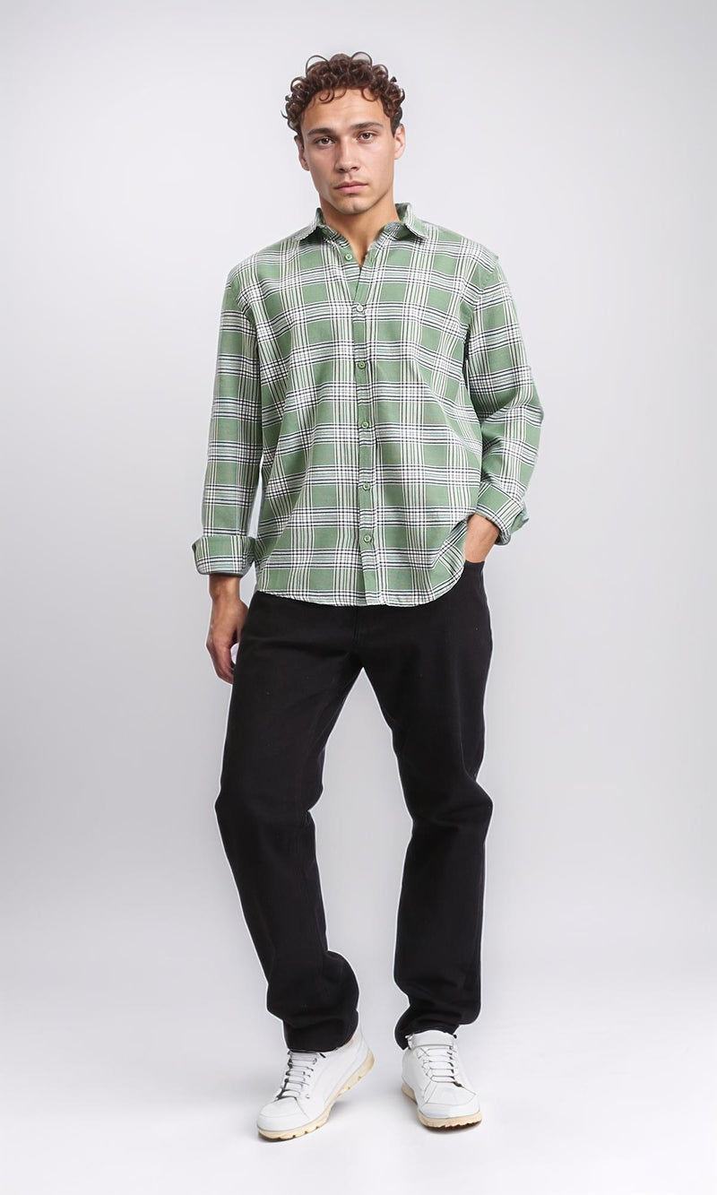 R208099 - Plaids Long Sleeves Cotton Shirt - Light Green & White