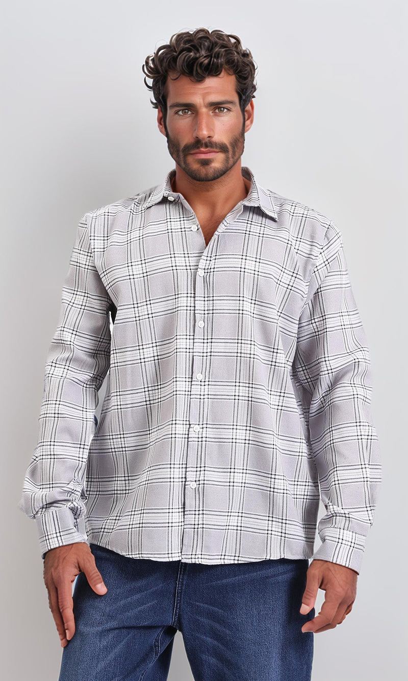 R208101-Tartan Regular Long Sleeve Shirt - Grey & Black
