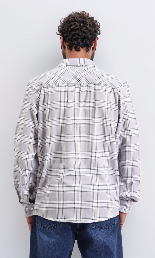 R208101-Tartan Regular Long Sleeve Shirt - Grey & Black