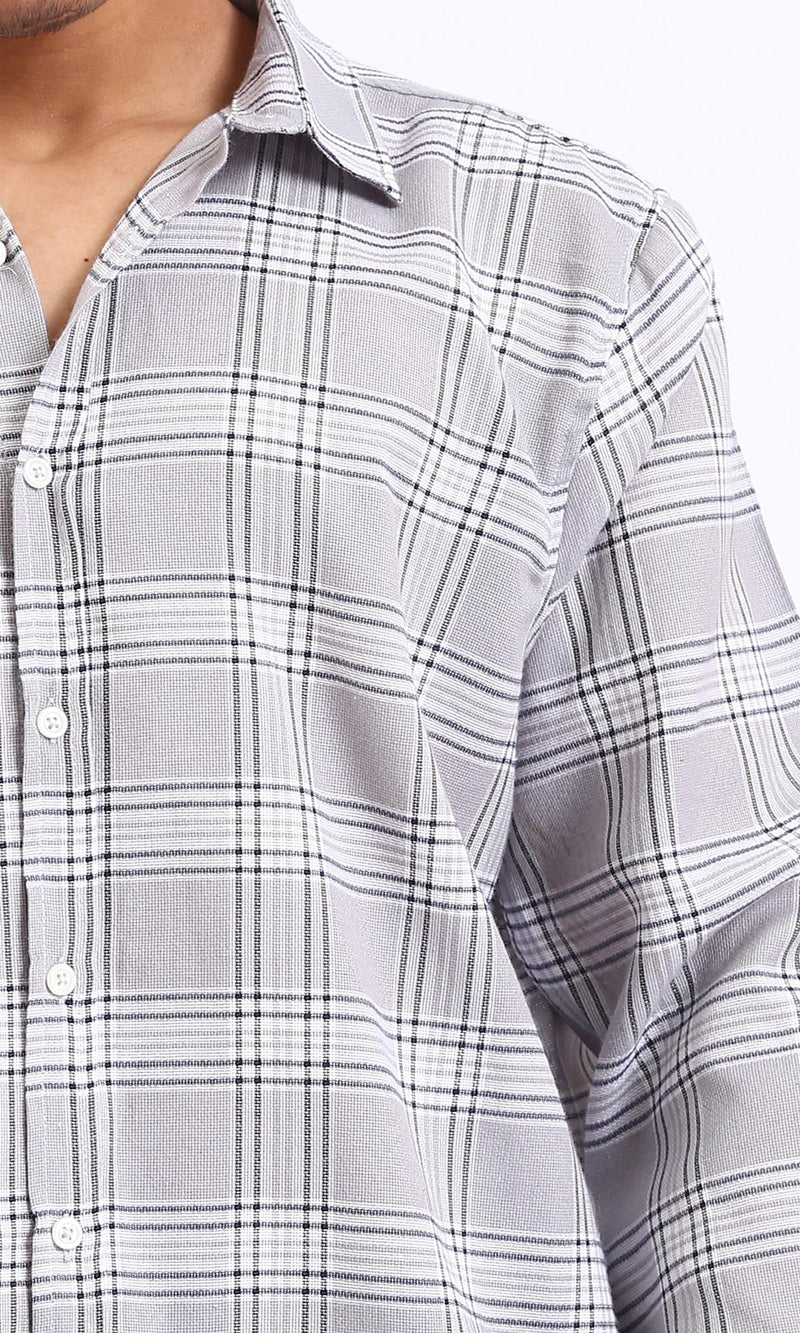 R208101-Tartan Regular Long Sleeve Shirt - Grey & Black