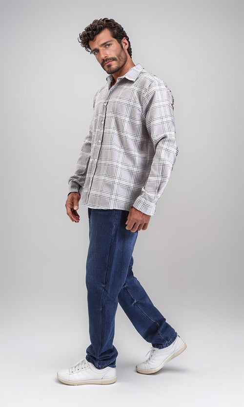 R208101-Tartan Regular Long Sleeve Shirt - Grey & Black