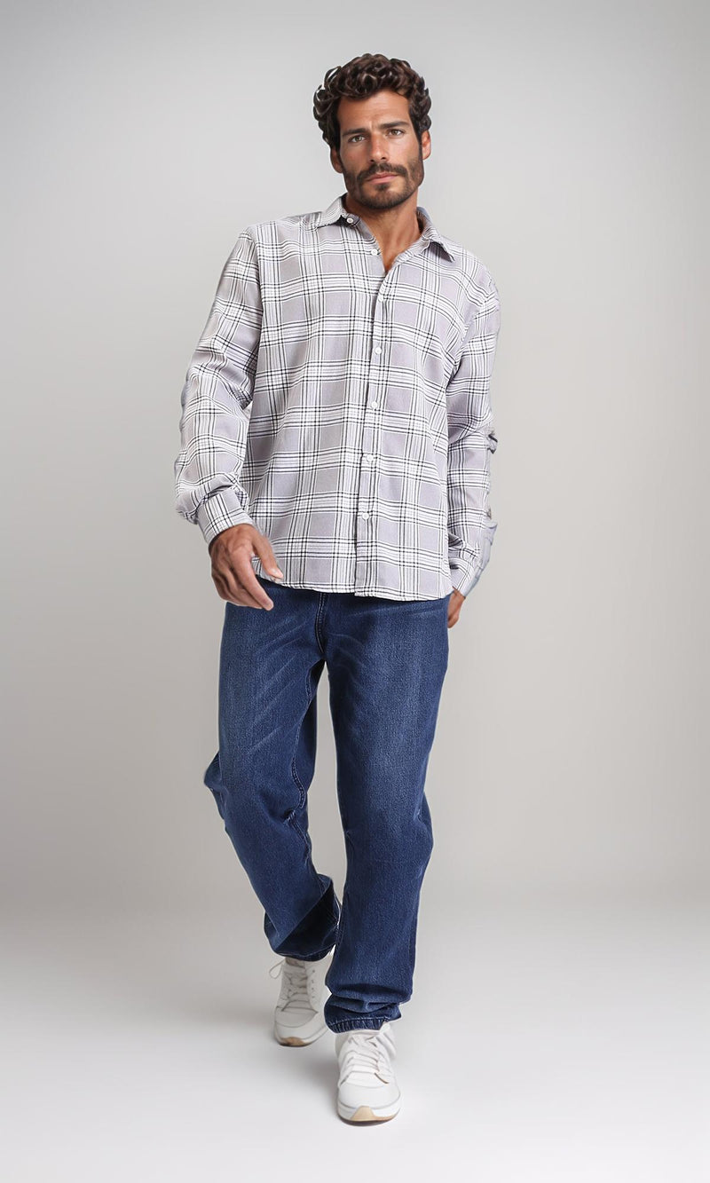 R208101-Tartan Regular Long Sleeve Shirt - Grey & Black