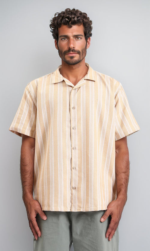 Elbow Sleeves Striped Buttoned Shirt - Peru & White