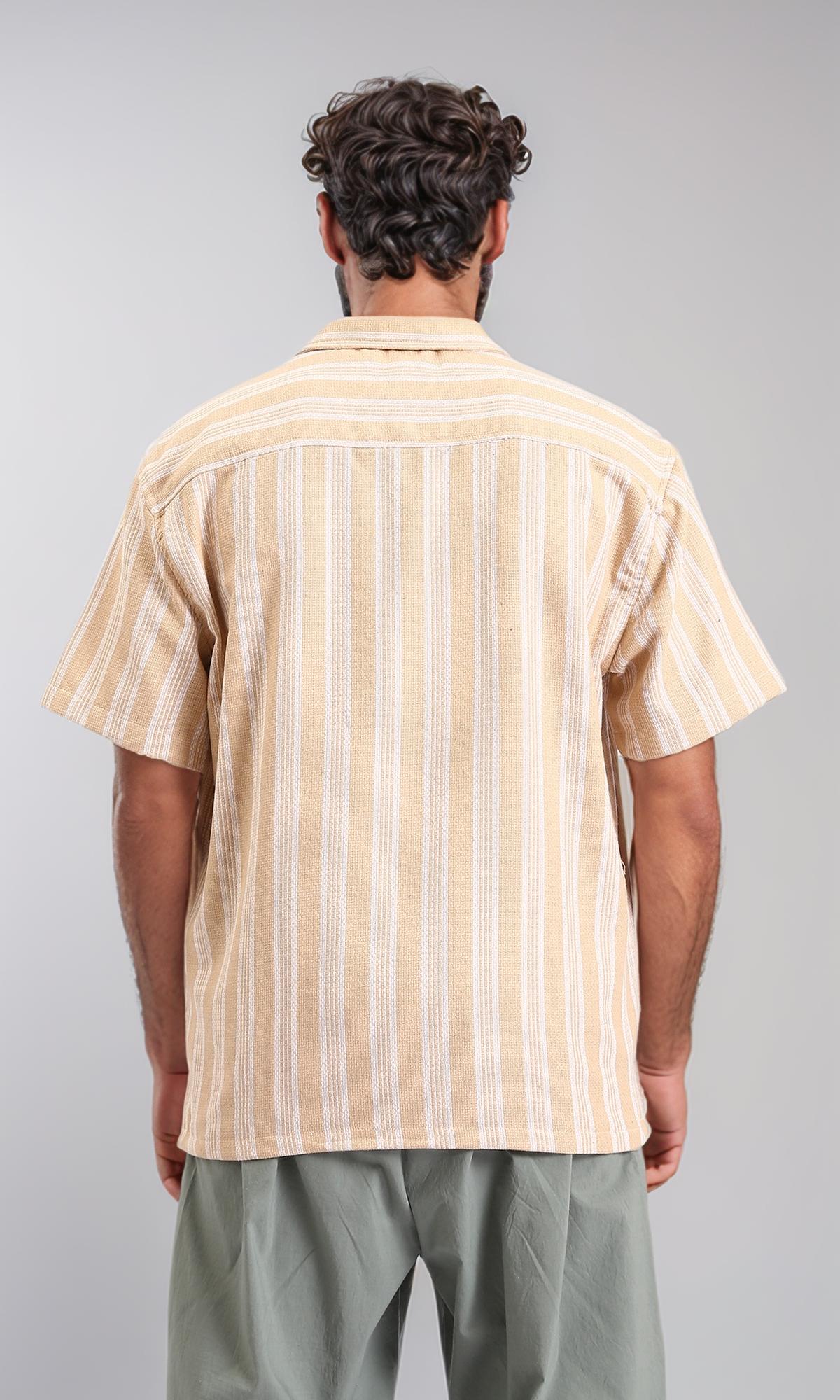 R208102-Elbow Sleeves Striped Buttoned Shirt - Peru & White