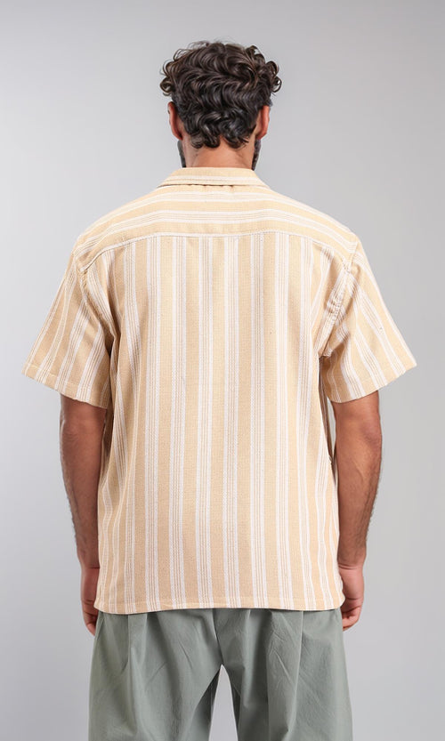 R208102-Elbow Sleeves Striped Buttoned Shirt - Peru & White