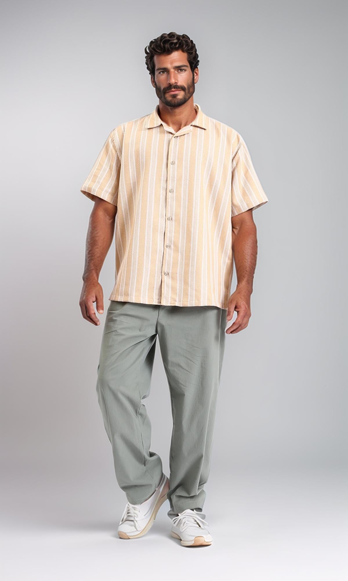 R208102-Elbow Sleeves Striped Buttoned Shirt - Peru & White