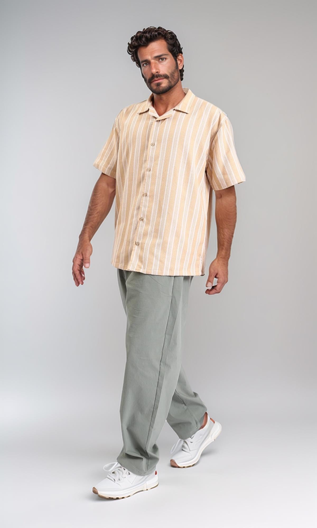 R208102-Elbow Sleeves Striped Buttoned Shirt - Peru & White