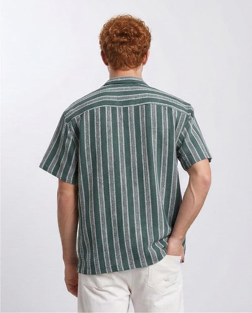 Ravin | Men's Textured Striped Camp Collar Shirt – Forest Green - R208103