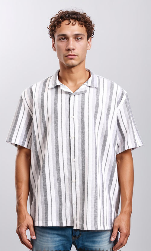 R208106 - Striped Shirt with Classic Collar - Grey & White