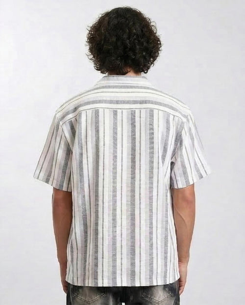 Ravin | Men's Multi-Stripe Relaxed Cuban Collar Shirt- Grey & White - R208106