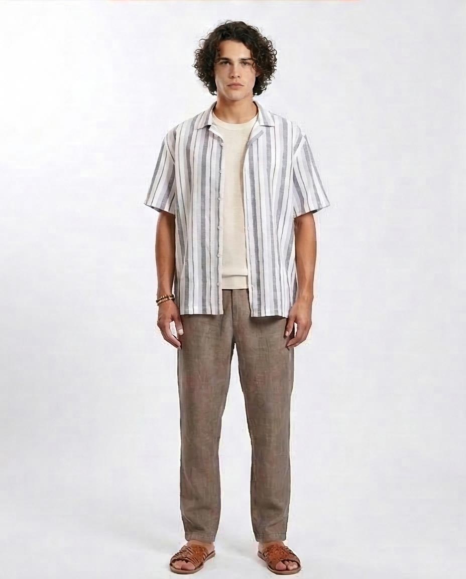 Ravin | Men's Multi-Stripe Relaxed Cuban Collar Shirt- Grey & White - R208106