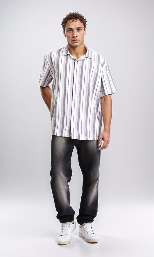 R208106 - Striped Shirt with Classic Collar - Grey & White