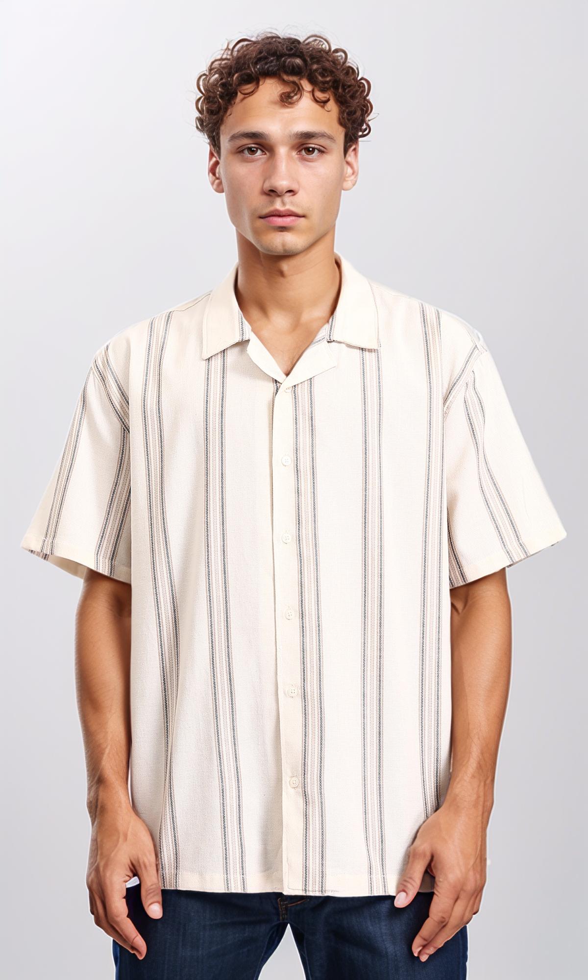 Striped Summer Shirt with Classic Collar - Beige & Dark Grey