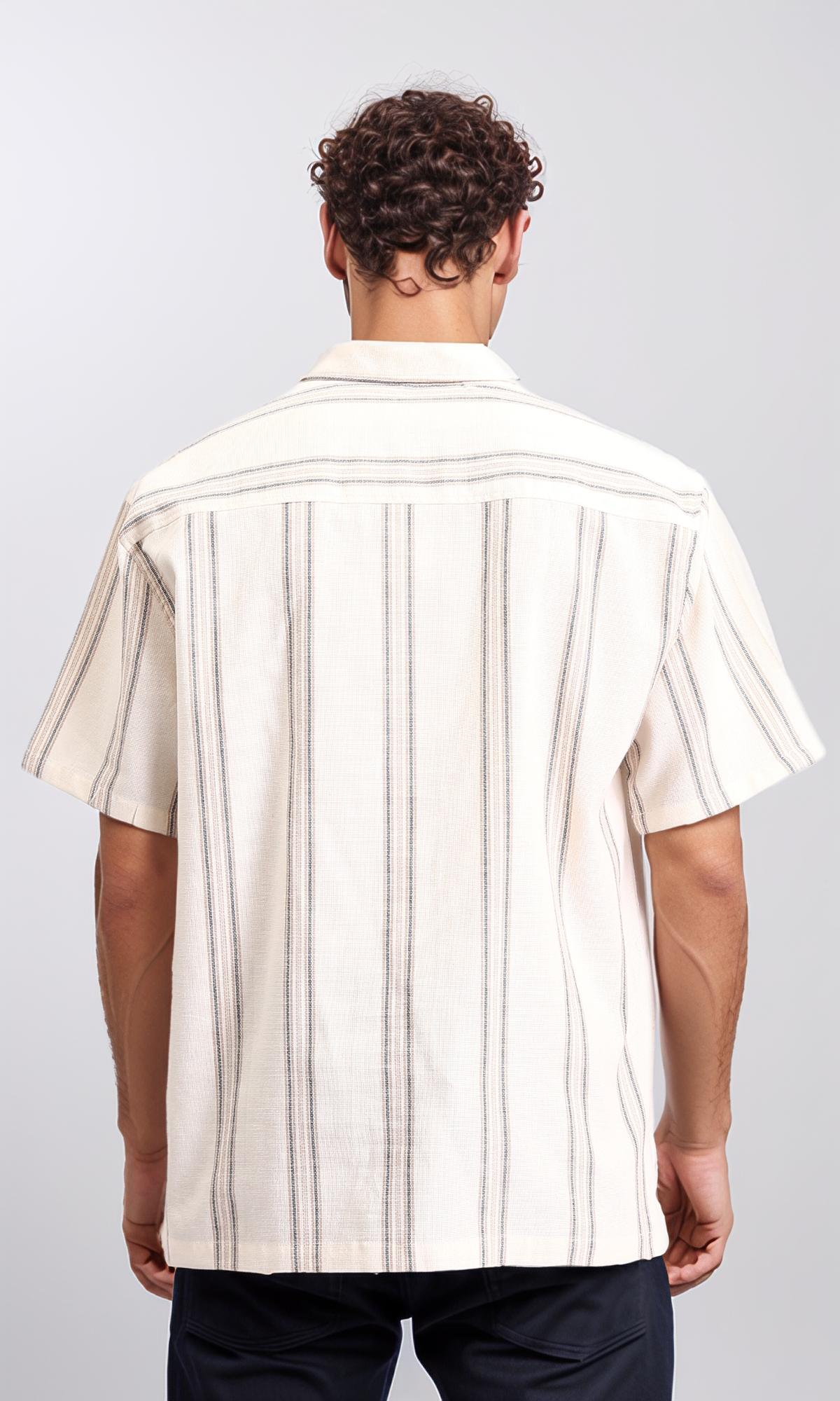 R208107 - Striped Summer Shirt with Classic Collar - Beige & Dark Grey