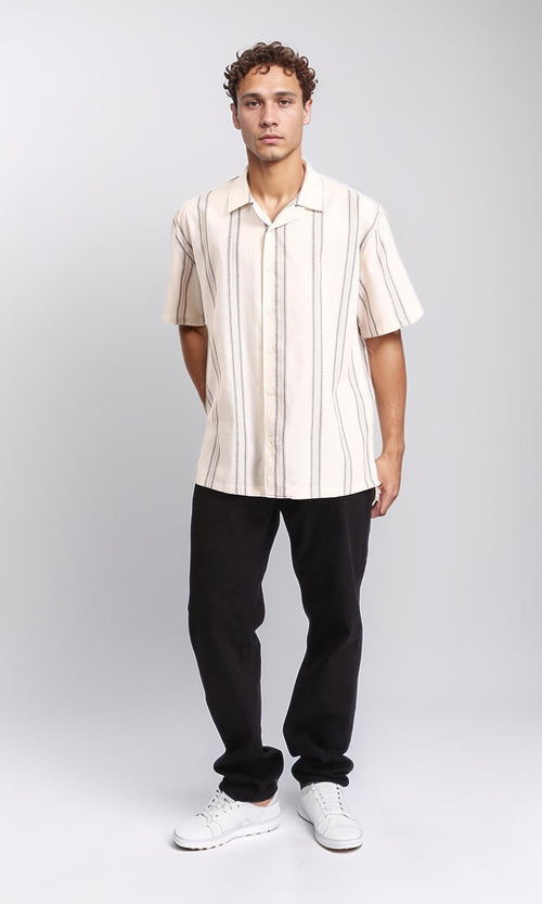 R208107 - Striped Summer Shirt with Classic Collar - Beige & Dark Grey