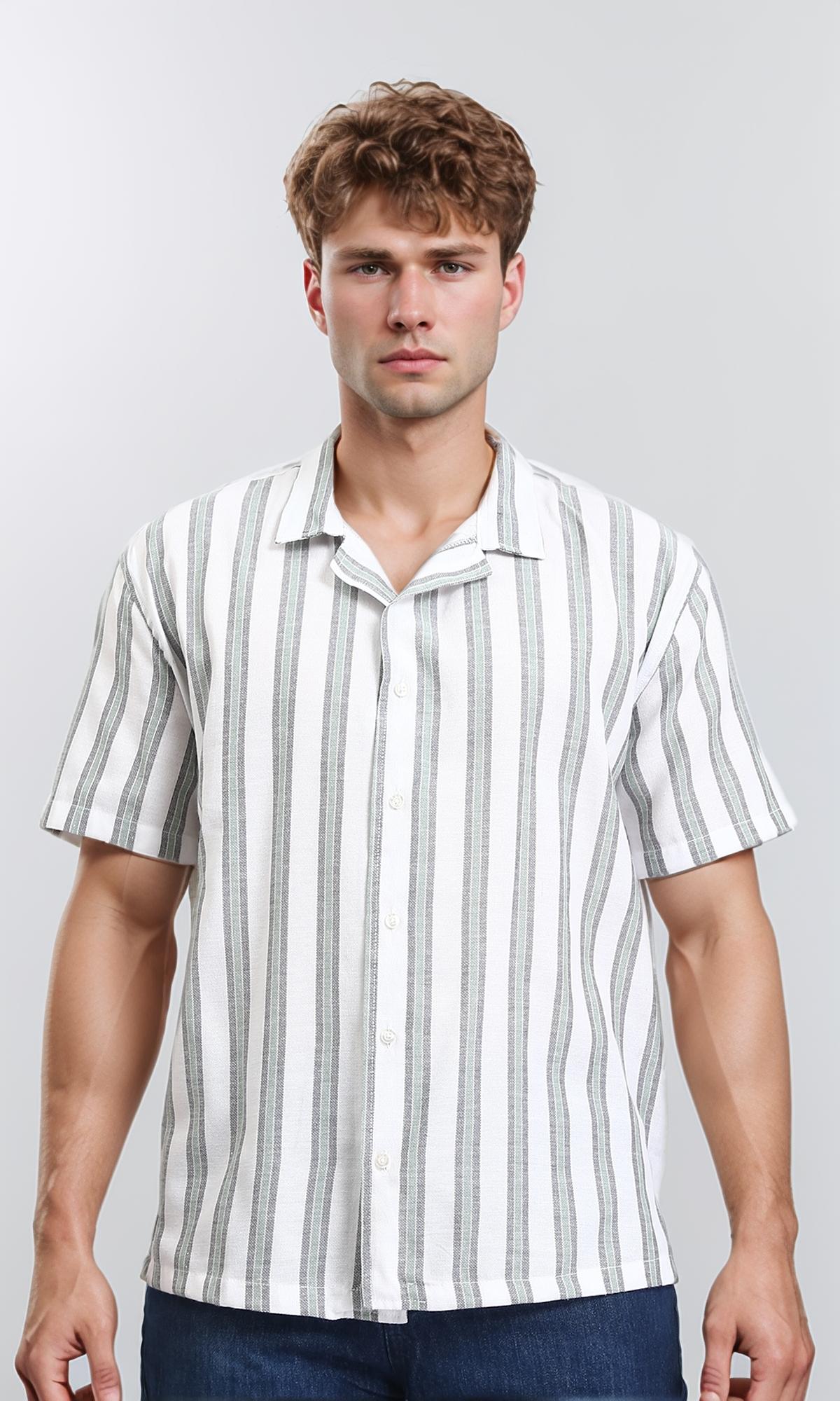 Striped Buttons Down Casual Shirt - Grey, Mint & White