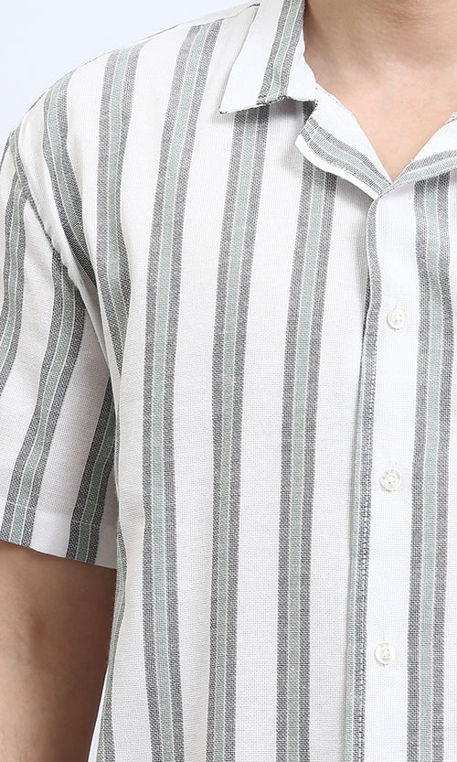 R208108 - Striped Buttons Down Casual Shirt - Grey, Mint & White