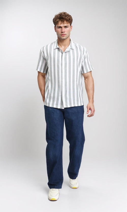 R208108 - Striped Buttons Down Casual Shirt - Grey, Mint & White