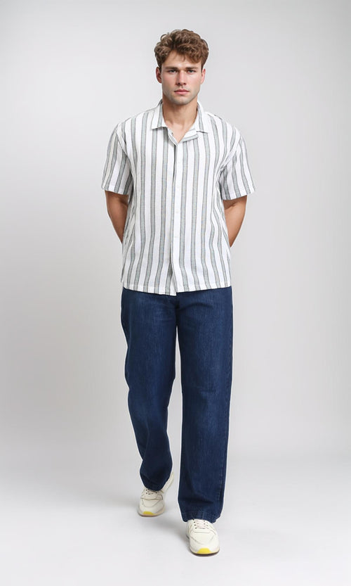 R208108 - Striped Buttons Down Casual Shirt - Grey, Mint & White