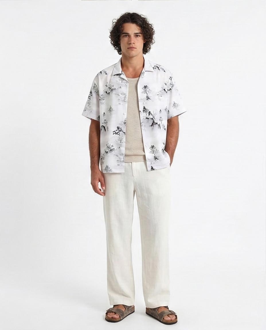Ravin Men’s Zen Landscape Print Resort Shirt – Ink Wash Mountain Series - R208111
