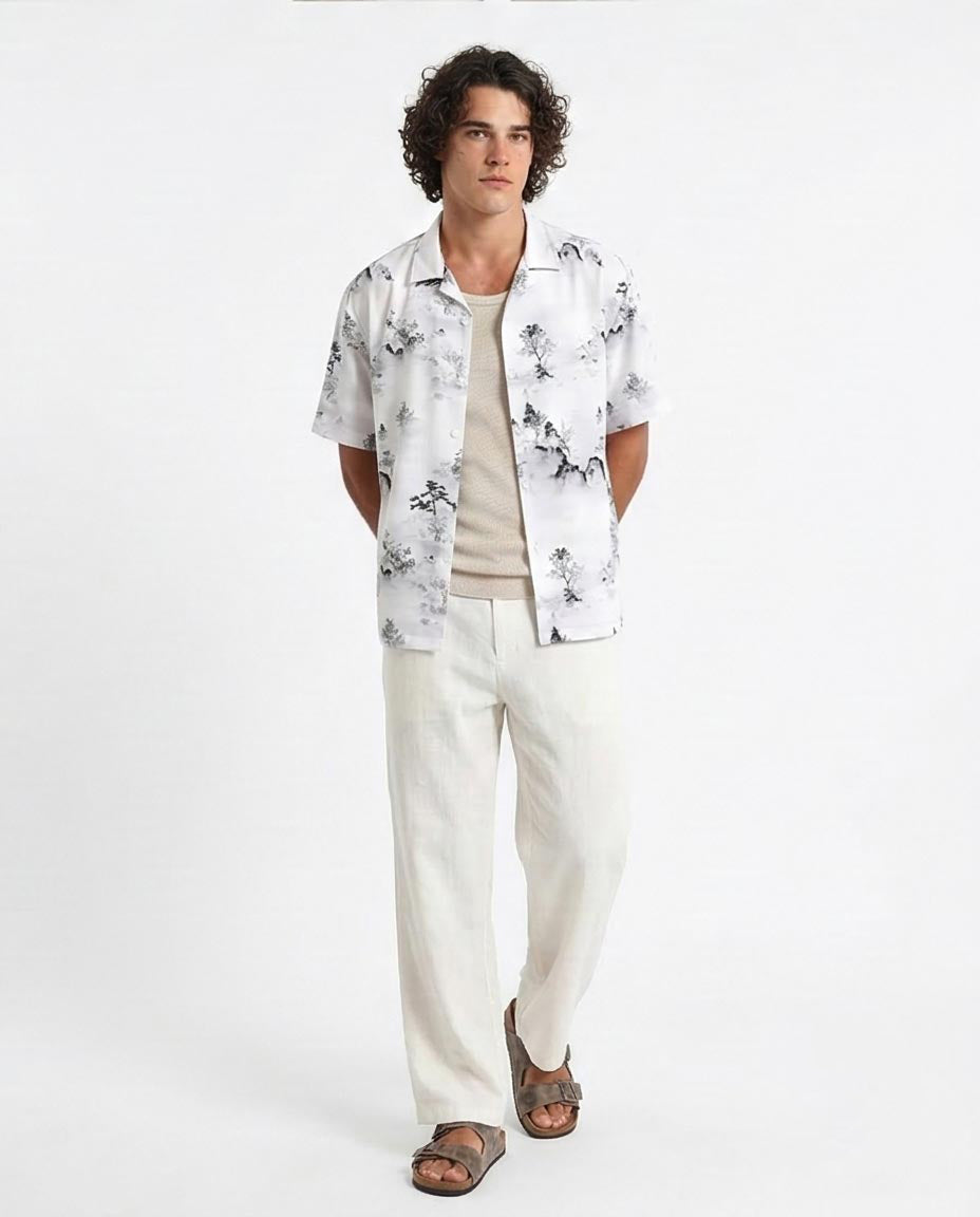 Ravin Men’s Zen Landscape Print Resort Shirt – Ink Wash Mountain Series - R208111