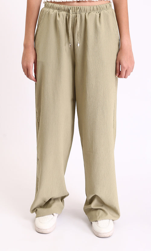 R208113 - Wide-Leg Textured Drawstring Pants - Light Sage Green