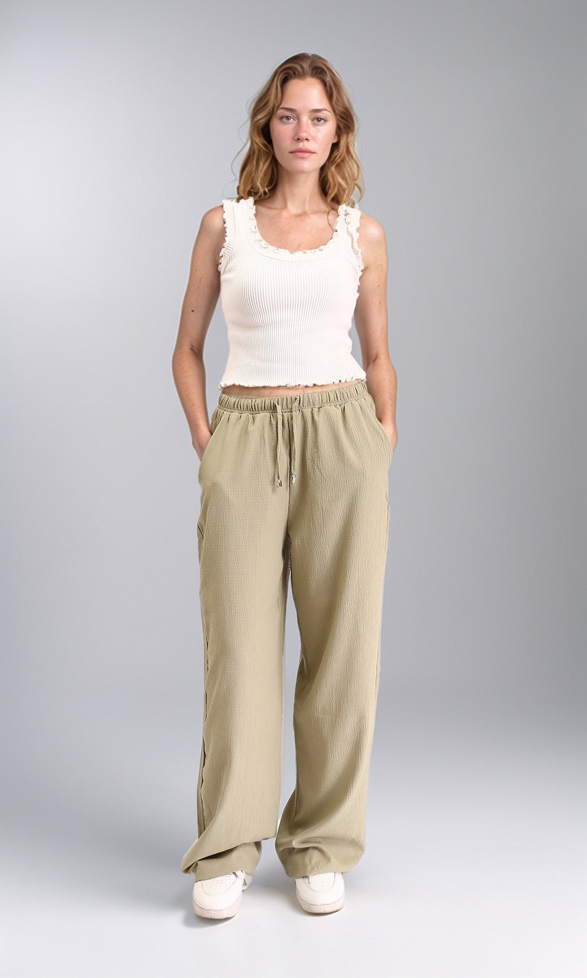 R208113 - Wide-Leg Textured Drawstring Pants - Light Sage Green